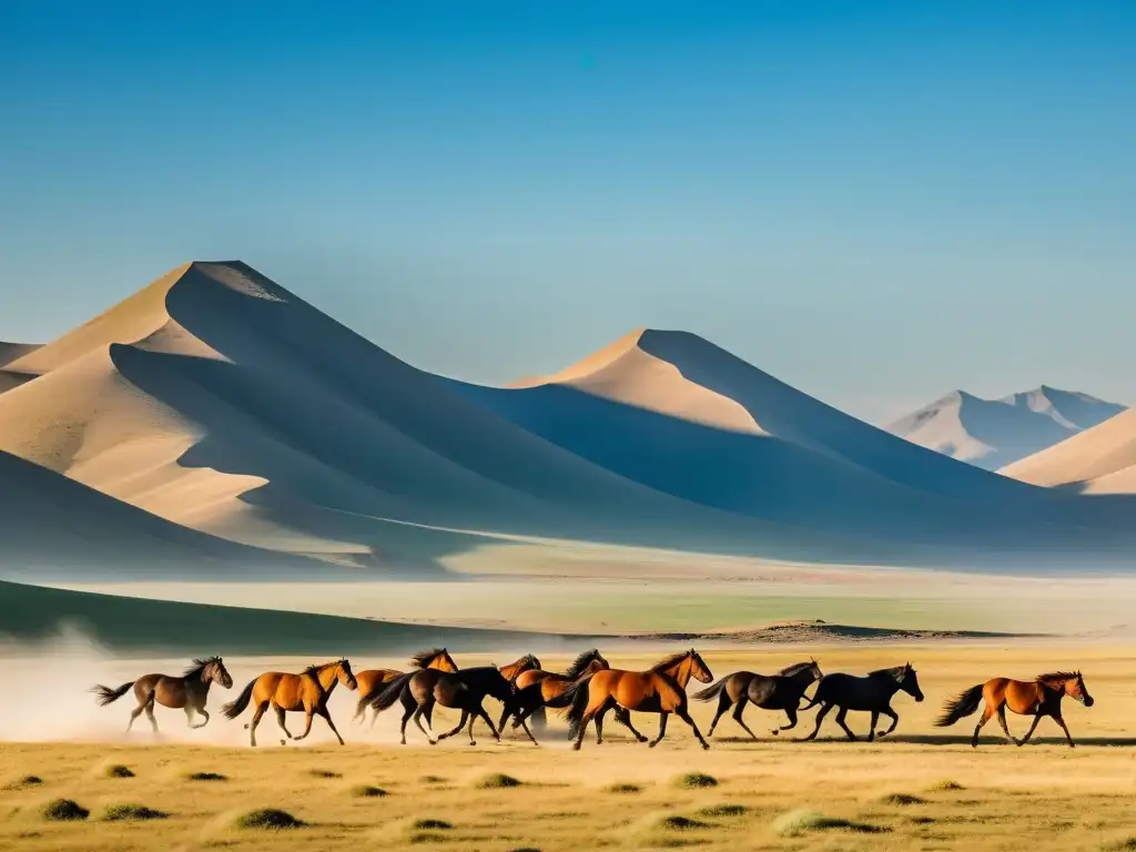 Panorama de la extensa estepa mongola con yurtas nómadas y caballos galopando, evocando las influencias lingüísticas en el Imperio Mongol