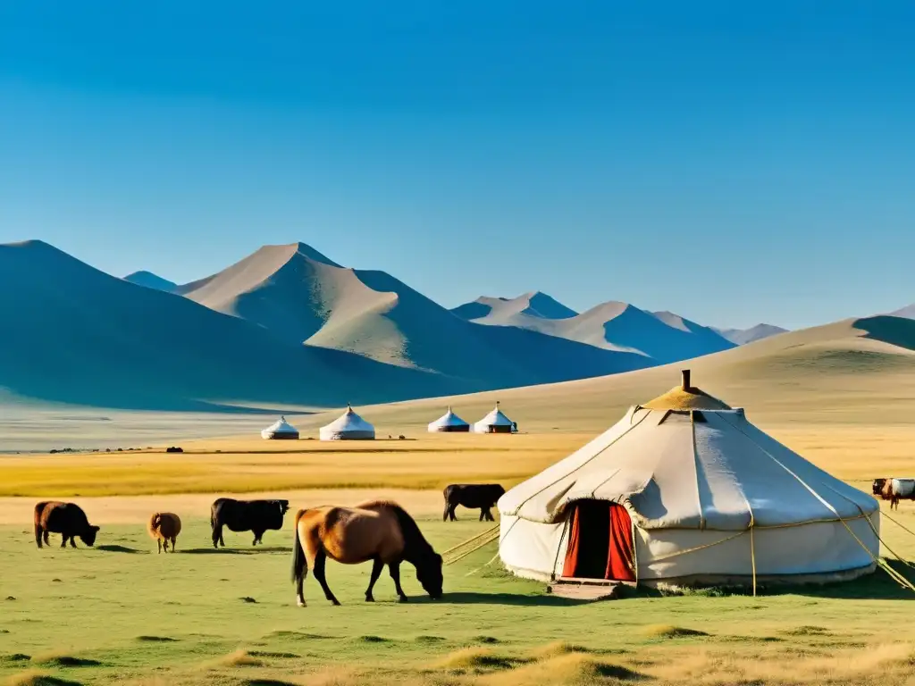 Panorama de la estepa mongola con familia nómada yurtas, ganado y cordillera al fondo, evocando la diplomacia mongola y sus alianzas continentales