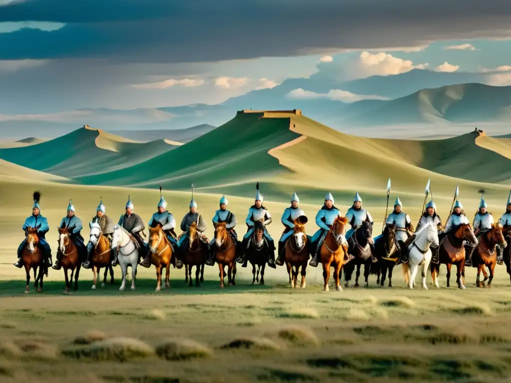 Panorama de la estepa mongol con guerreros a caballo preparados para la batalla clave del Imperio Mongol, bajo un cielo dramático