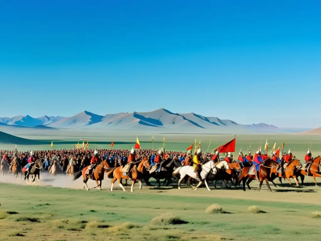 Panorama de la estepa mongola con guerreros a caballo y un ritual chamánico, destacando las religiones en estrategias militares mongolas