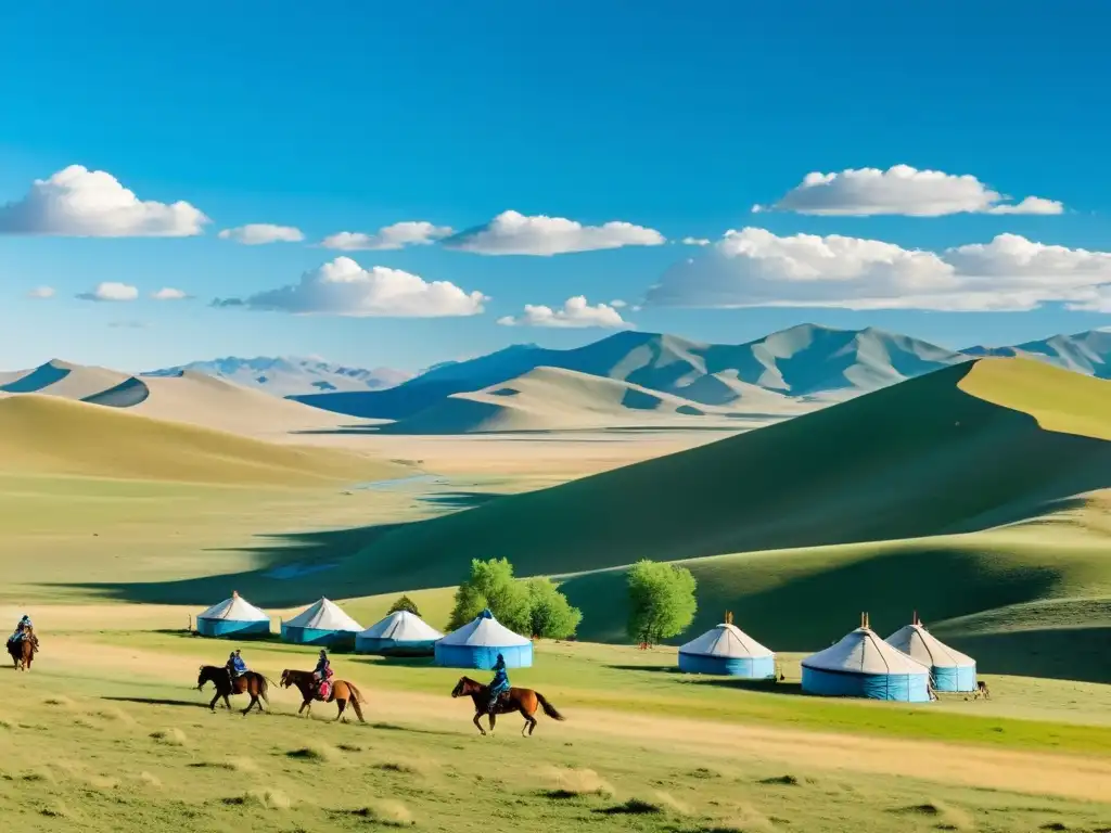 Panorama de la hermosa estepa mongola con yurtas, pastoreo y jinetes, evocando las comunicaciones diplomáticas del Imperio Mongol