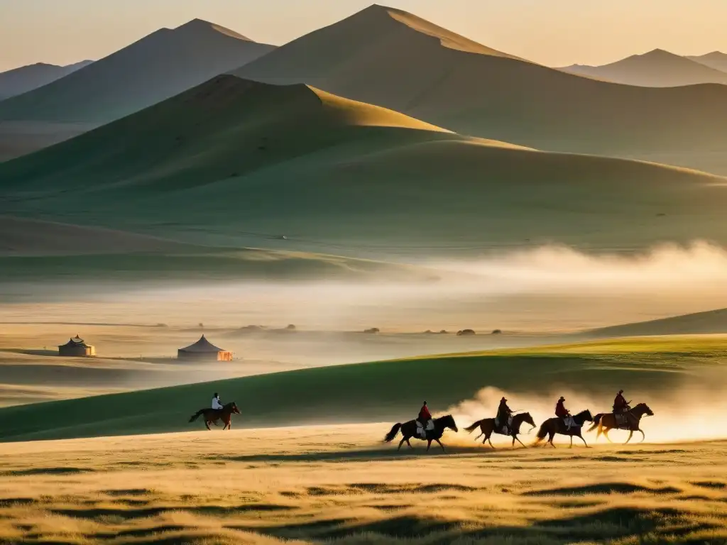 Panorama impresionante de la estepa mongol al atardecer con jinetes yurtas