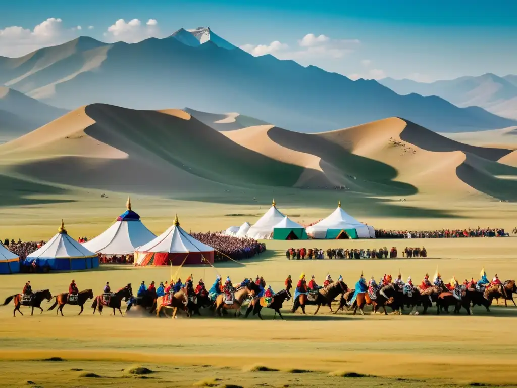 Panorama impresionante de un festival religioso en el imperio mongol, con tiendas coloridas, gente vestida tradicionalmente y caballos decorados