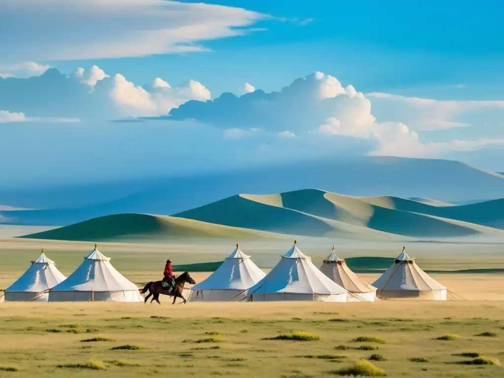 Panorama impresionante de la estepa mongola, jinetes a caballo y tiendas blancas nómadas