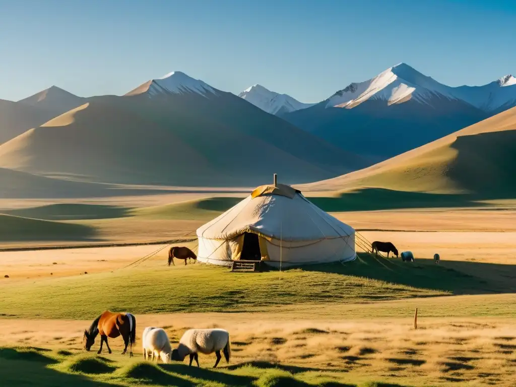 Panorama de la estepa mongol con las majestuosas montañas Altai al fondo, evocando el legado del Imperio Mongol Genghis Khan descendientes