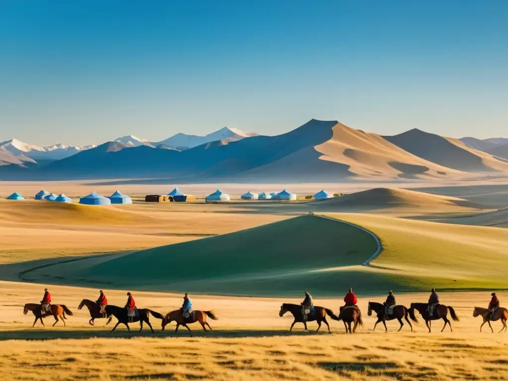 Panorama de la vasta estepa mongol con la icónica estatua de Genghis Khan, rodeada de caballos pastando y yurtas bajo un cielo azul