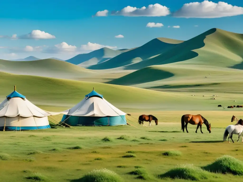 Panorama de las vastas llanuras y colinas de Mongolia, con tiendas ger y caballos