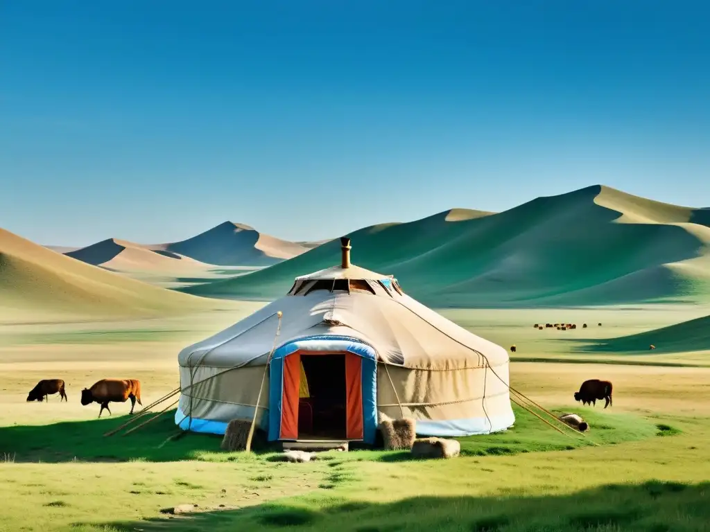 Panorama de la estepa mongola con una yurta tradicional, rebaños y un cielo azul