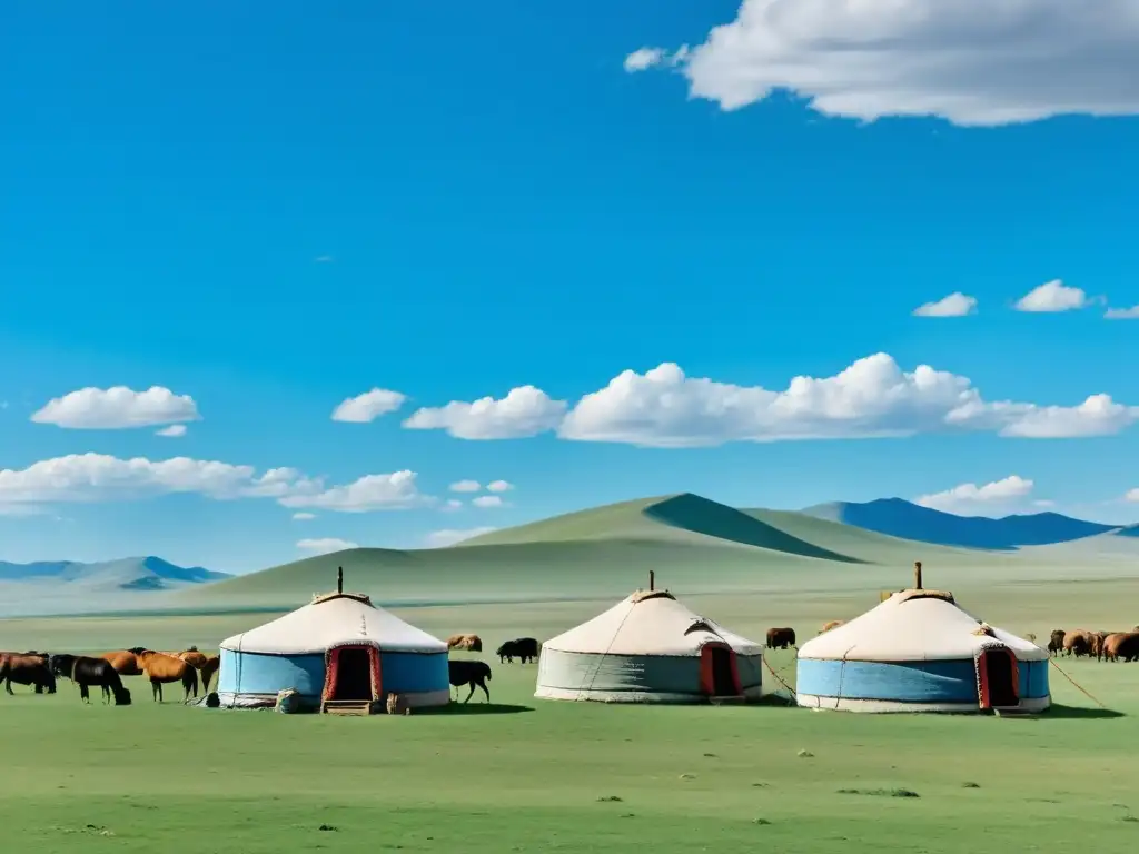 Panorama de la estepa mongola con yurtas nómadas, pastoreo y jinetes jugando buzkashi, reflejando las estrategias militares expansión Imperio Mongol