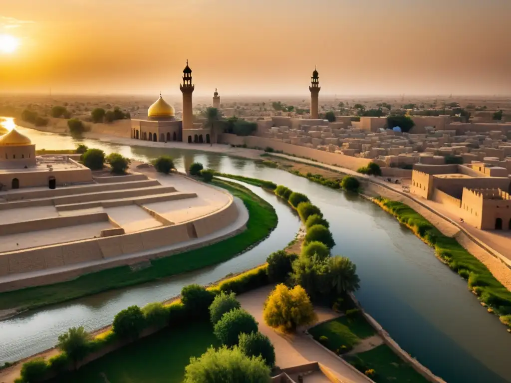 Panorámica de la antigua ciudad de Bagdad con las ruinas de sus murallas, el minarete espiral de la Gran Mezquita de Samarra y el río Tigris