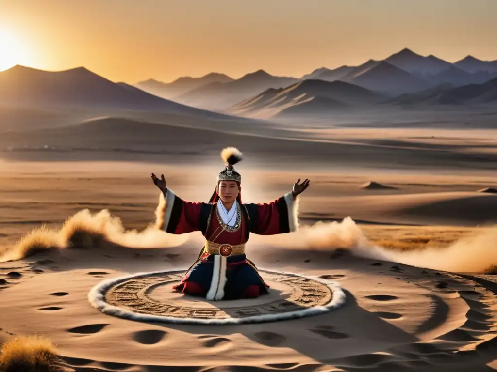 Panorámica del atardecer en la estepa mongola con un chamán realizando un ritual, rodeado de símbolos antiguos en la arena