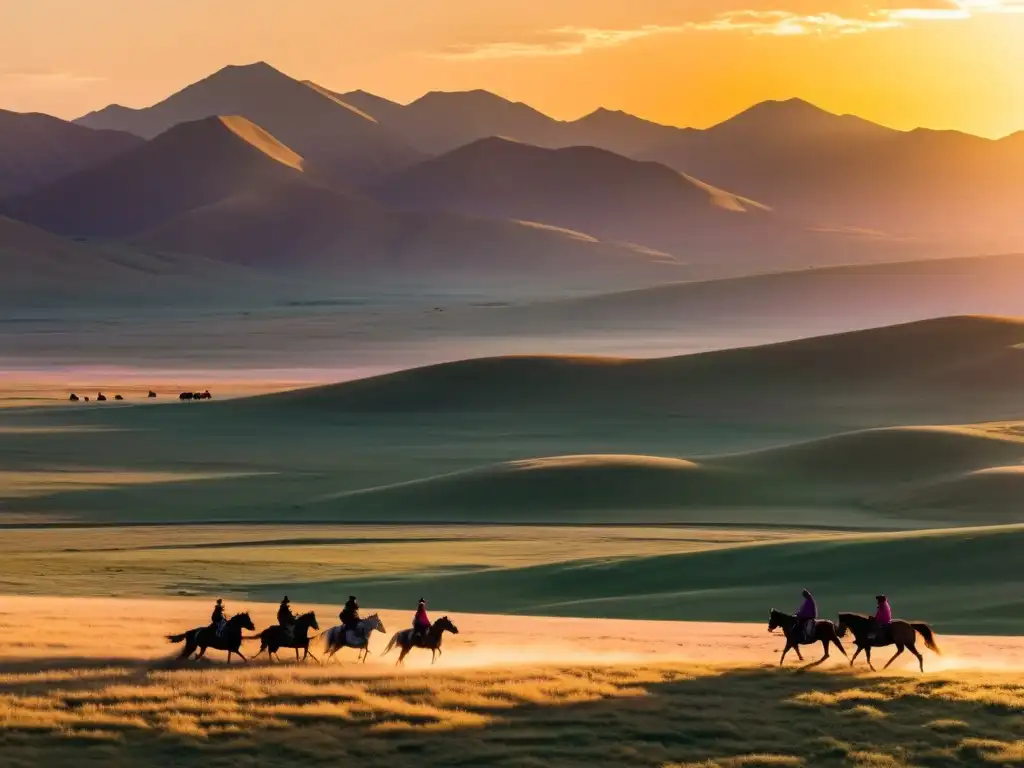 Panorámica de la estepa mongola al atardecer, con la estatua ecuestre de Genghis Khan