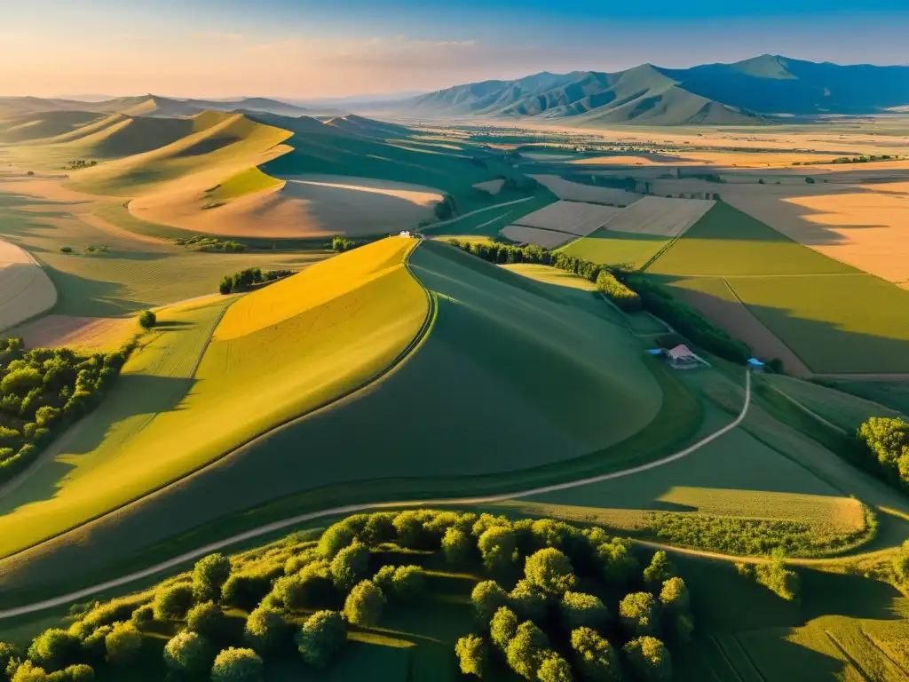 Panorámica de la Batalla de Mohi, Imperio Mongol: vasta llanura con restos de armaduras antiguas, bañada por la suave luz dorada del atardecer