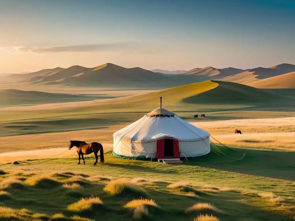 Panorámica de la estepa mongola con yurta, caballos y luz dorada al atardecer