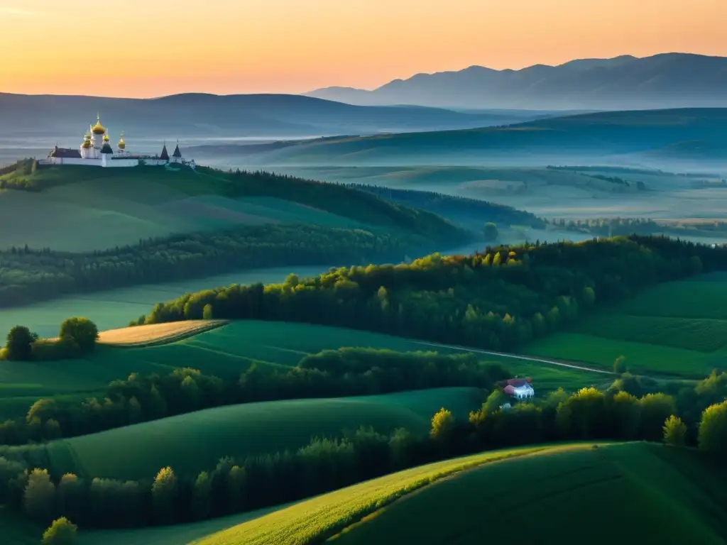 Panorámica del campo ruso con colinas, bosques y aldea, bañados por la cálida luz del amanecer