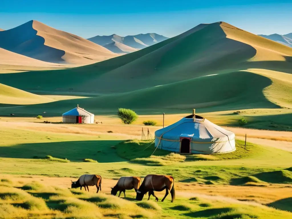 Panorámica de la estepa mongol bajo cielo azul, con yurta tradicional y paisaje infinito, reflejando la influencia del Tengrismo en religiones