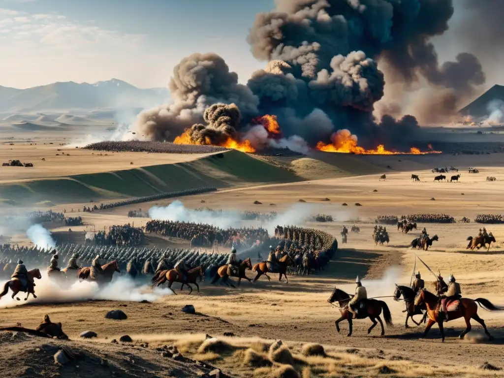 Panorámica de una desolada batalla final mongol-europea al atardecer