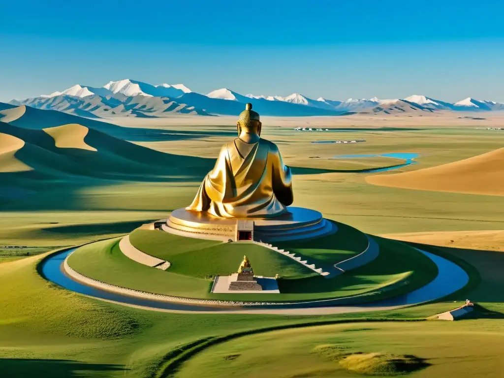 Panorámica detallada de las extensas estepas de Mongolia con la imponente estatua de Genghis Khan