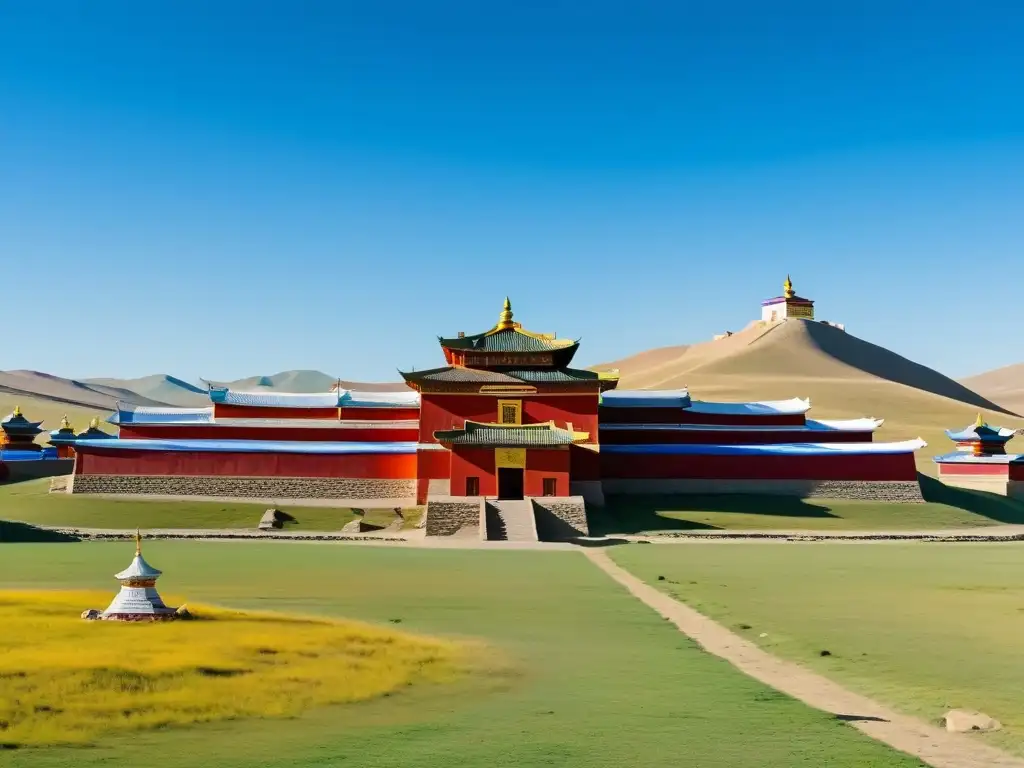 Panorámica detallada del Monasterio Erdene Zuu en Mongolia con arquitectura intrincada, banderas de rezos vibrantes y paisaje mongol