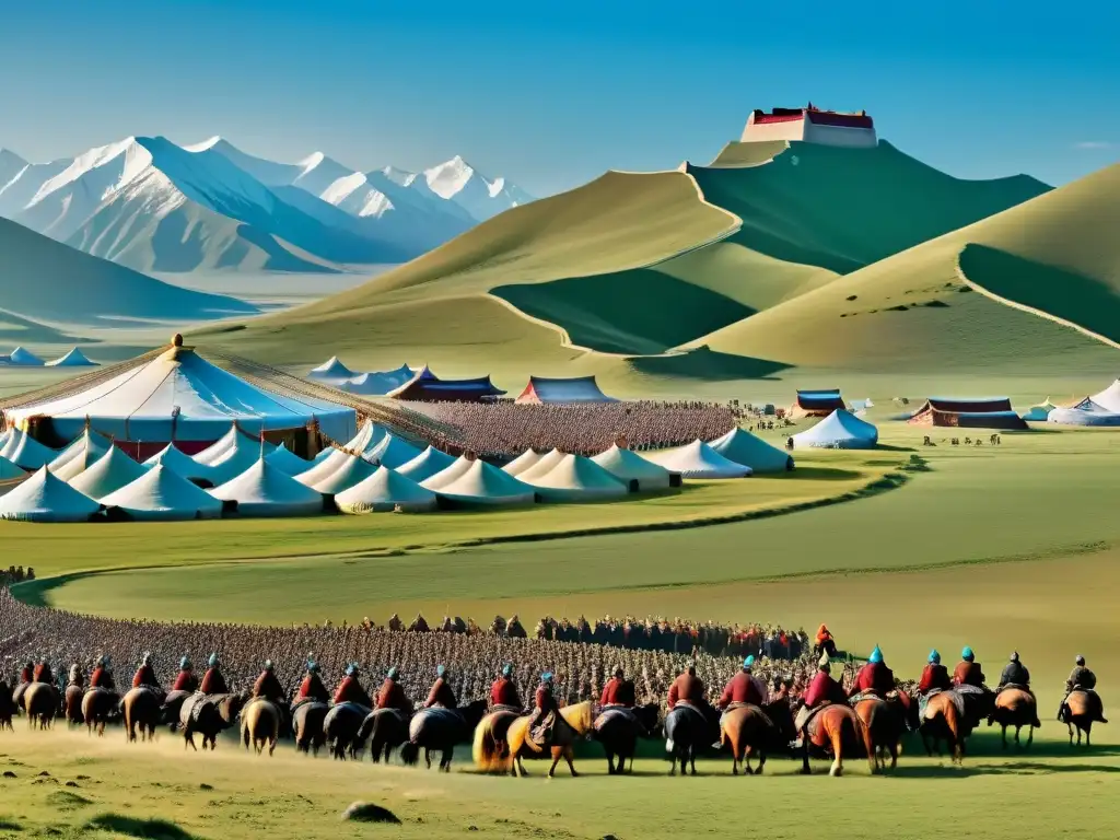 Panorámica detallada del vasto Imperio Mongol con Genghis Khan a caballo liderando sus conquistas del Imperio Mongol