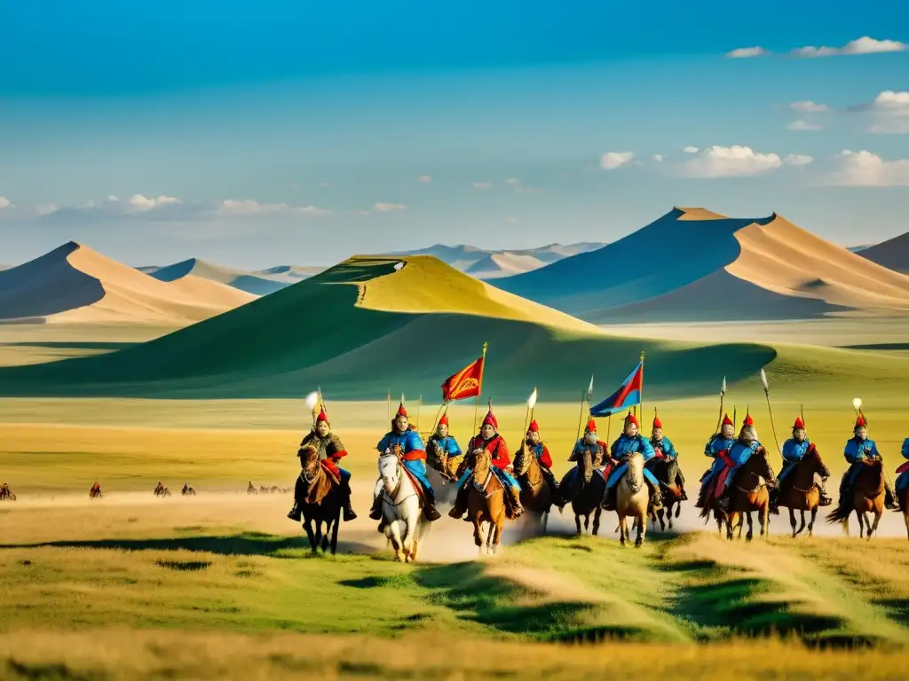 Panorámica de las estepas mongolas con guerreros a caballo y estrategias militares del Imperio Mongol en una escena histórica inmersiva