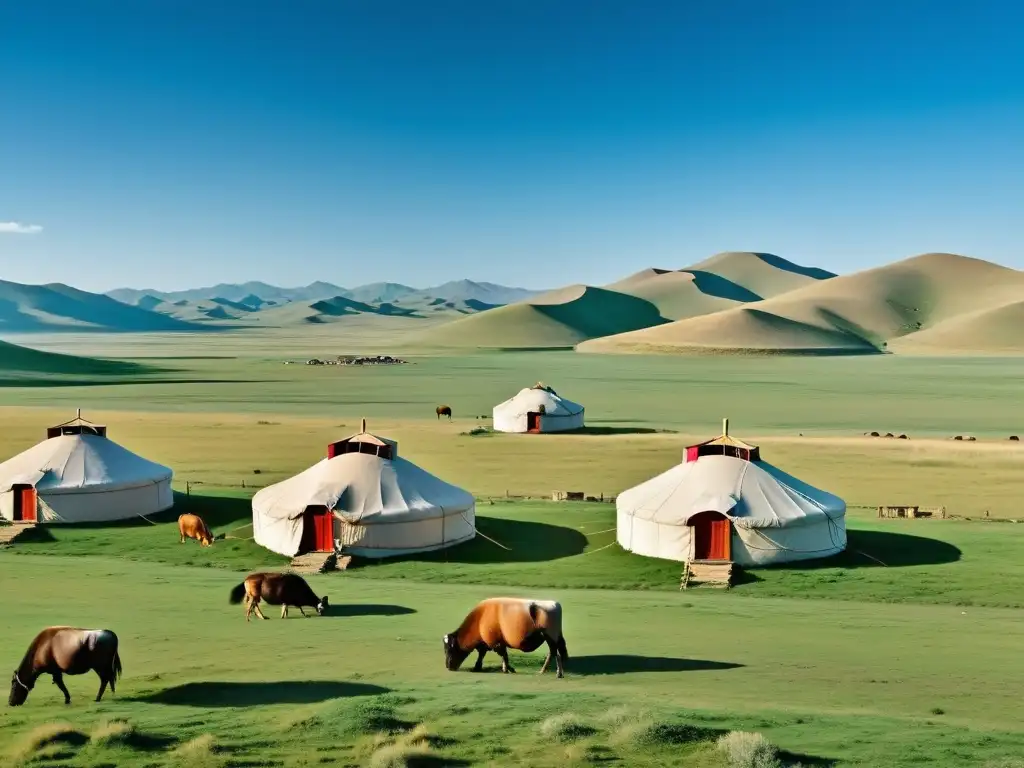 Panorámica de las estepas de Mongolia, yurtas tradicionales y vida nómada, influencia del código legal mongol