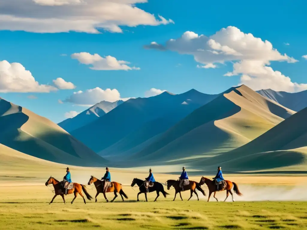 Panorámica de las extensas estepas de Mongolia, con yurtas icónicas, jinetes a caballo y montañas al fondo