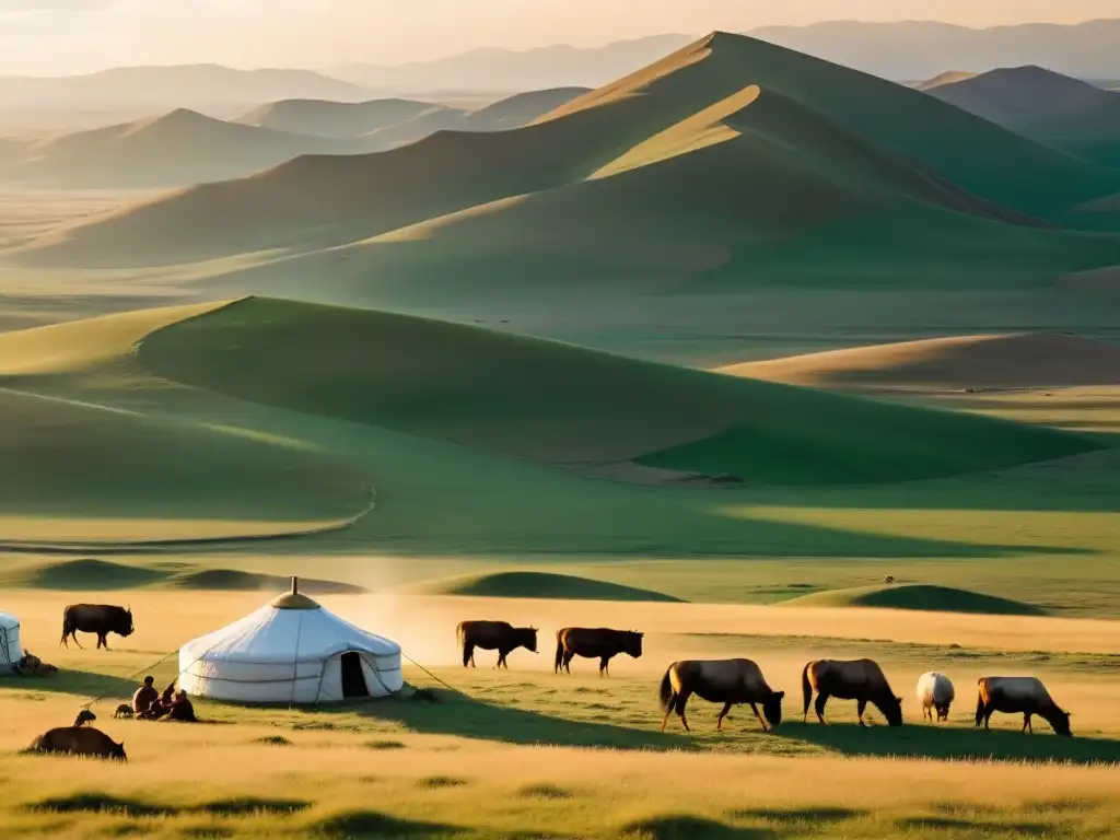 Panorámica de las extensas estepas de Mongolia al atardecer, con pastores nómadas y yurtas