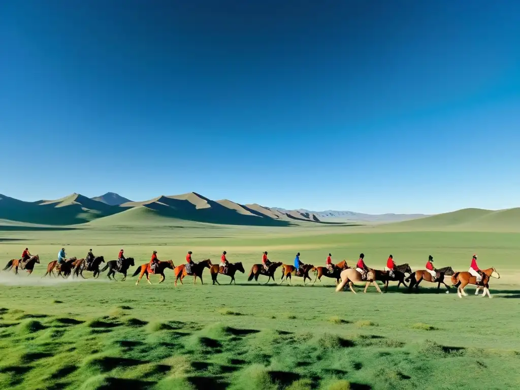 Panorámica de las extensas praderas de Mongolia, jinetes en caballos y el estilo de vida nómada, destacando la comunicación en el Imperio Mongol