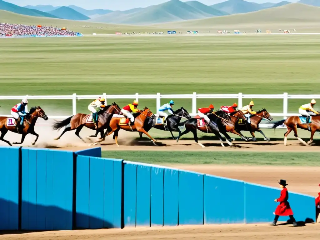 Panorámica del Festival Naadam en Mongolia, con colores vibrantes, intensa competencia ecuestre y fervientes espectadores