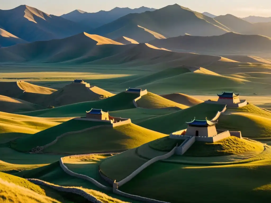 Panorámica de fortificaciones mongolas redescubiertas, bañadas por la cálida luz del atardecer en un paisaje de colinas y llanuras