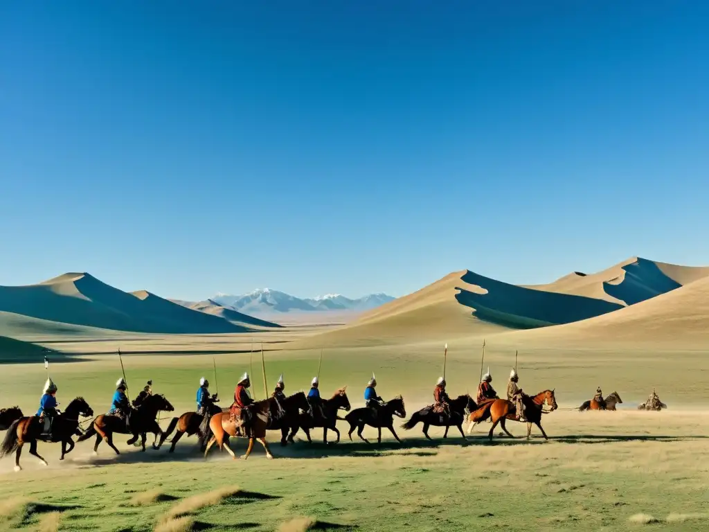 Panorámica de la estepa mongola con guerreros a caballo y paisaje montañoso