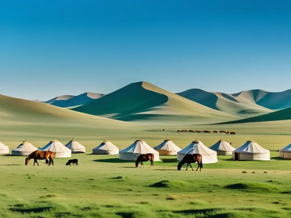 Vasta estepa mongol: pastoreo yurt en paisaje Panorámica de la hermosa estepa mongol con pastizales, cielo azul y un pastor nómada cuidando caballos, yurtas al fondo