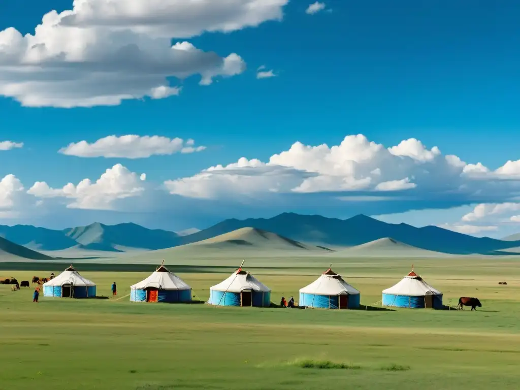 Panorámica impactante de la estepa mongol, con una familia nómada yurtas y ganado