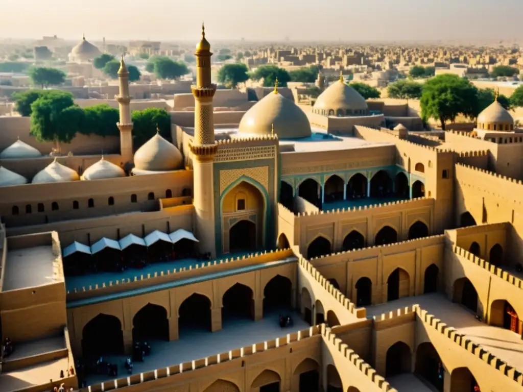 Panorámica de Bagdad antes del impacto de Hulagu Khan, con sus murallas, mercados y minaretes, bañada por la cálida luz del sol