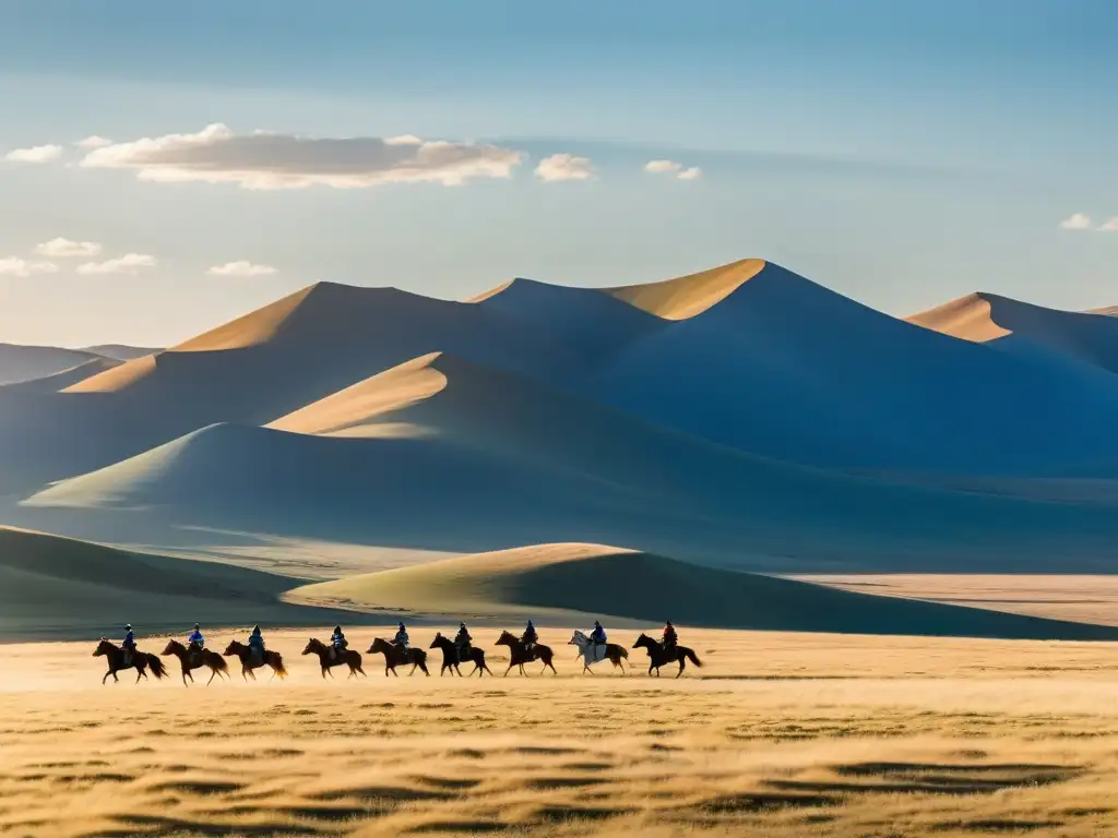 Panorámica de la impresionante estepa mongola con jinetes yurts, reflejando la relación bélica y espiritual mongol-tibetana