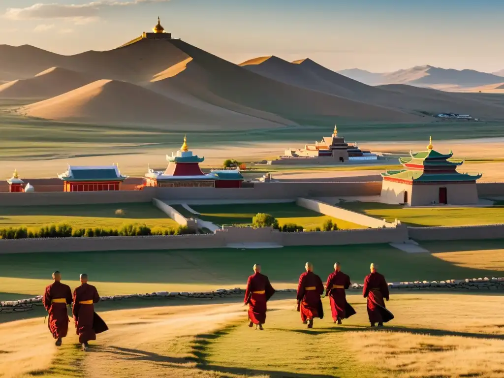 Panorámica impresionante del Monasterio Erdene Zuu en Mongolia, bañado por la cálida luz del atardecer y rodeado de paisaje mongol infinito