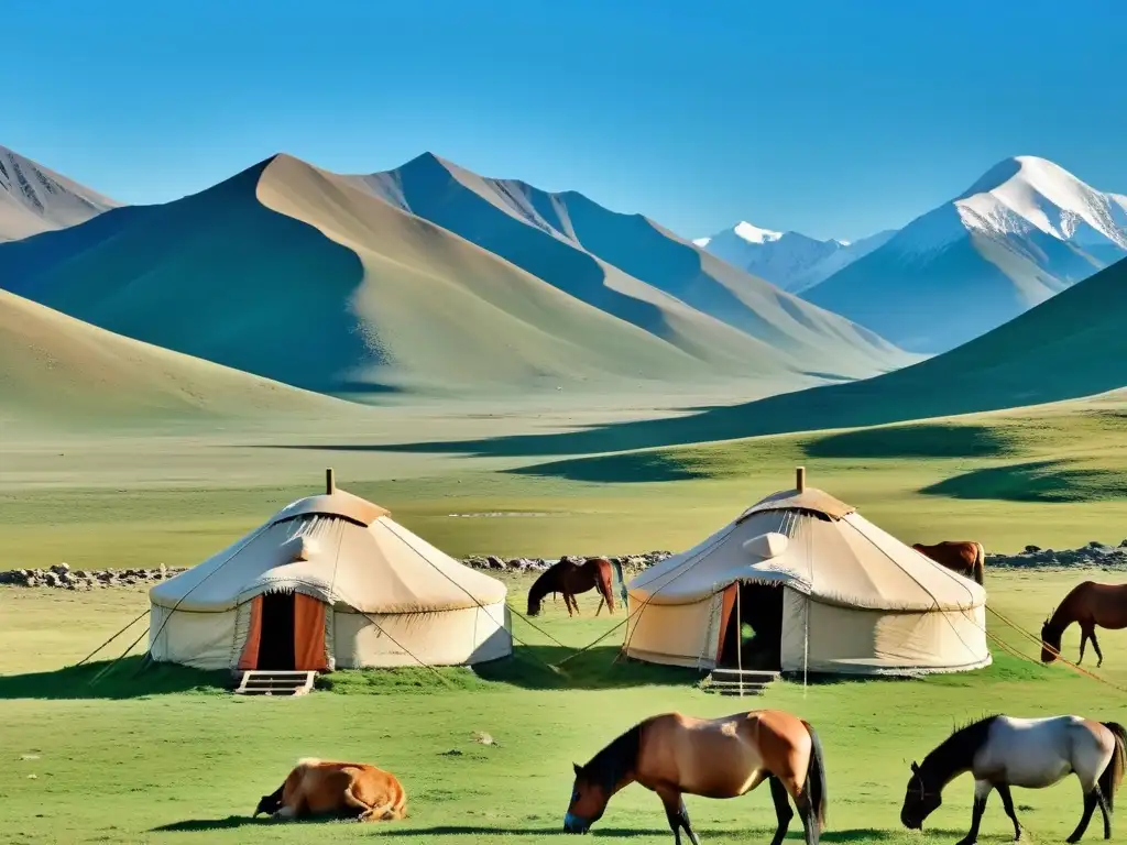 Panorámica impresionante de la estepa mongol con los picos nevados de las Montañas Altai al fondo, yurt nómada y caballos pastando