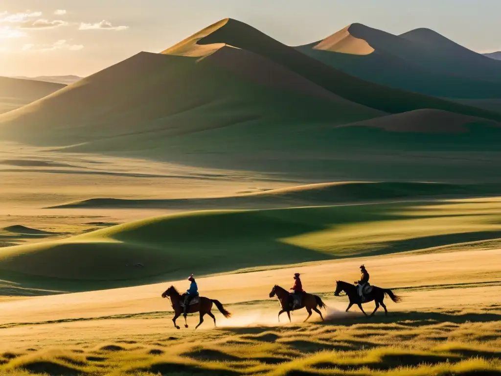 Panorámica de la estepa mongola con jinetes a caballo y yurtas, evocando la historia y cultura de Mongolia