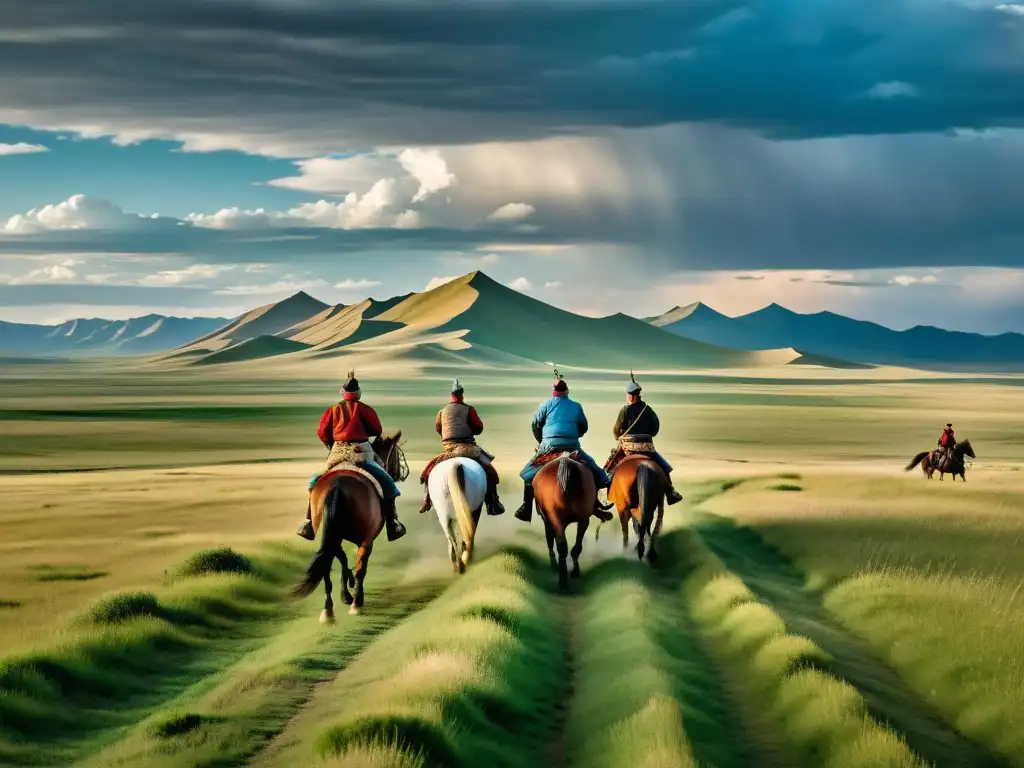 Panorámica de la estepa mongola con jinetes montando sus caballos, evocando poder y destreza en la caballería mongola, estrategias y evolución