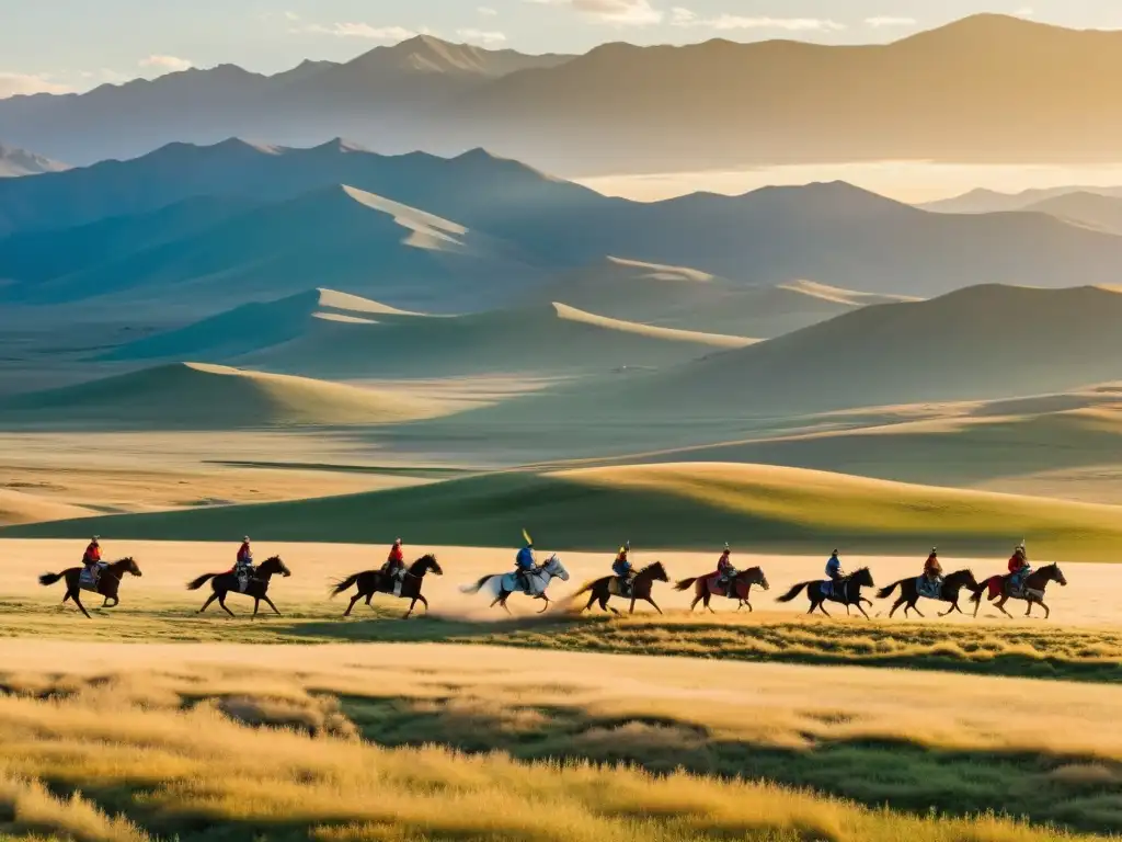 Panorámica de la majestuosa estepa mongola al atardecer, con Batú Khan y su ejército en marcha hacia Europa