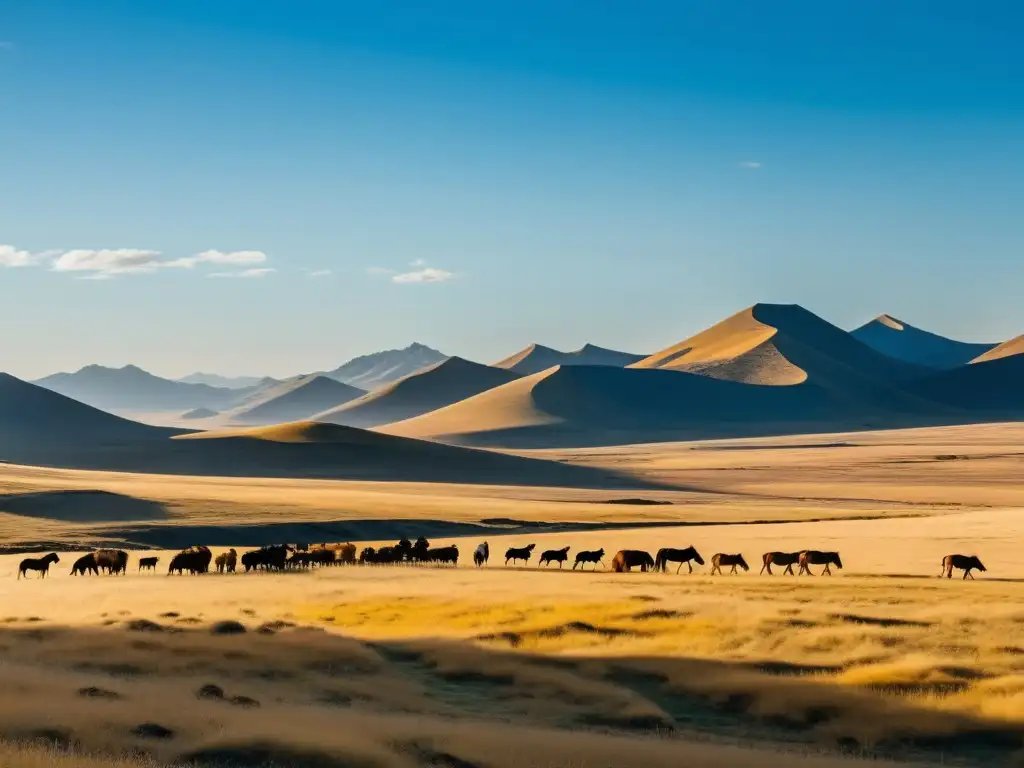 Panorámica majestuosa de la estepa mongola con yurtas, pastores y caballos