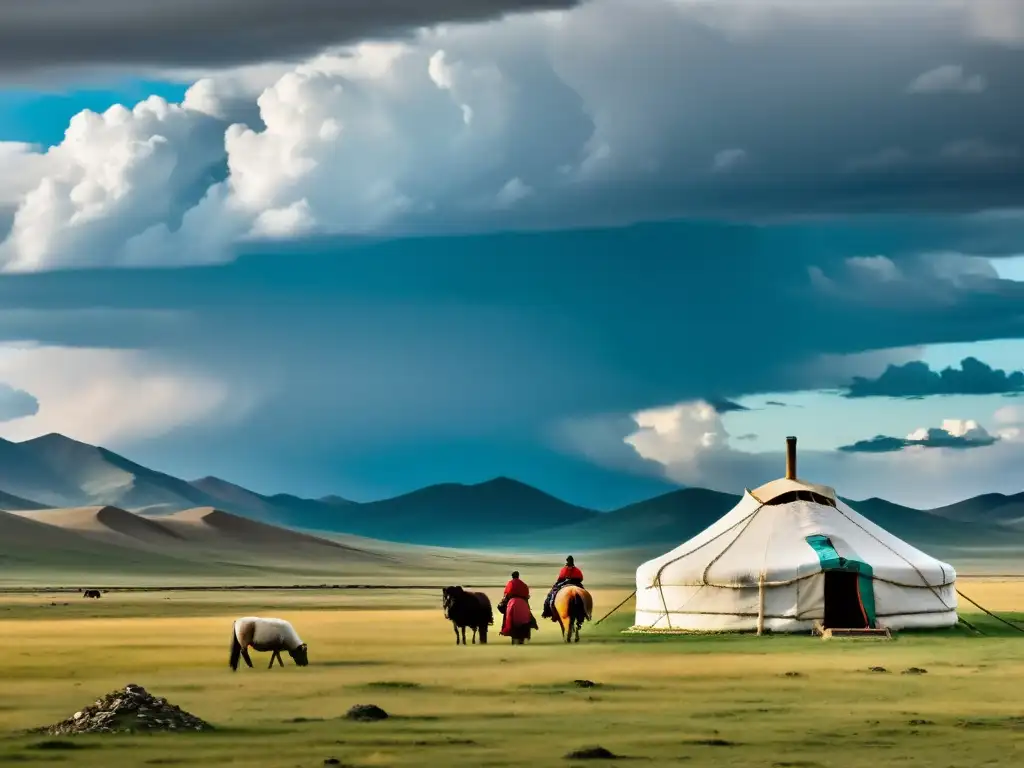 Panorámica de la estepa mongola, yurta nómada, pastores, ruinas del Imperio Mongol, legado cultural del Imperio Mongol