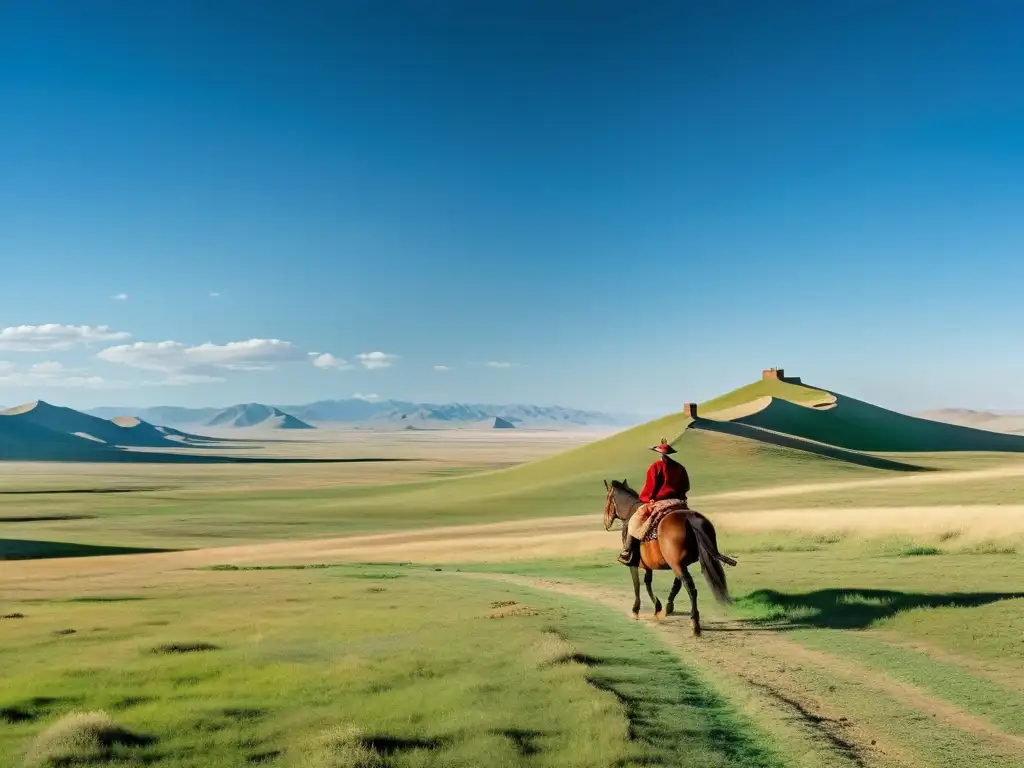 Panorámica de la estepa mongola con un nómada solitario a caballo, evocando la belleza atemporal del Imperio Mongol historia cultura legado