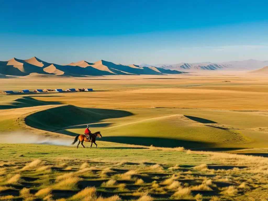 Panorámica de la estepa mongola con un nómada solitario a caballo, evocando el poder mongol en el cine