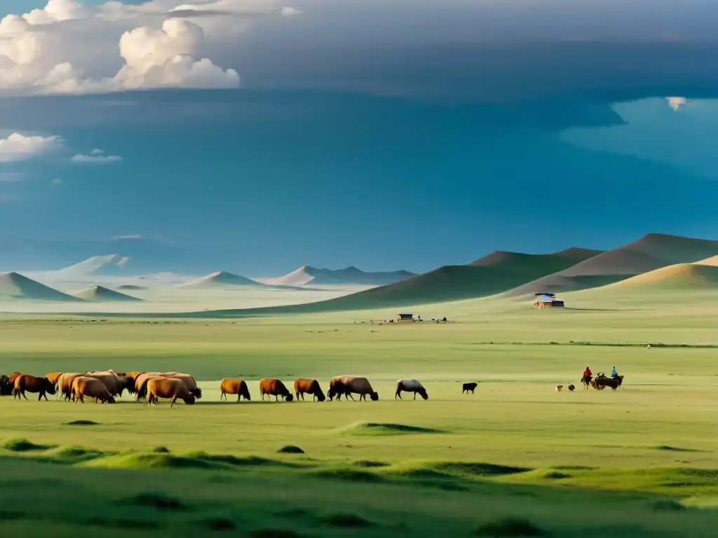 Panorámica de la estepa mongola con nómadas en gers, reflejando la belleza atemporal de Mongolia para la Diplomacia Mongola Siglo XXI