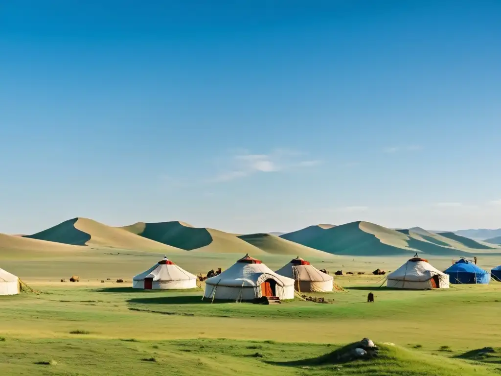 Panorámica de la estepa mongola con yurtas nomadas, transmitiendo tranquilidad y conexión con la naturaleza