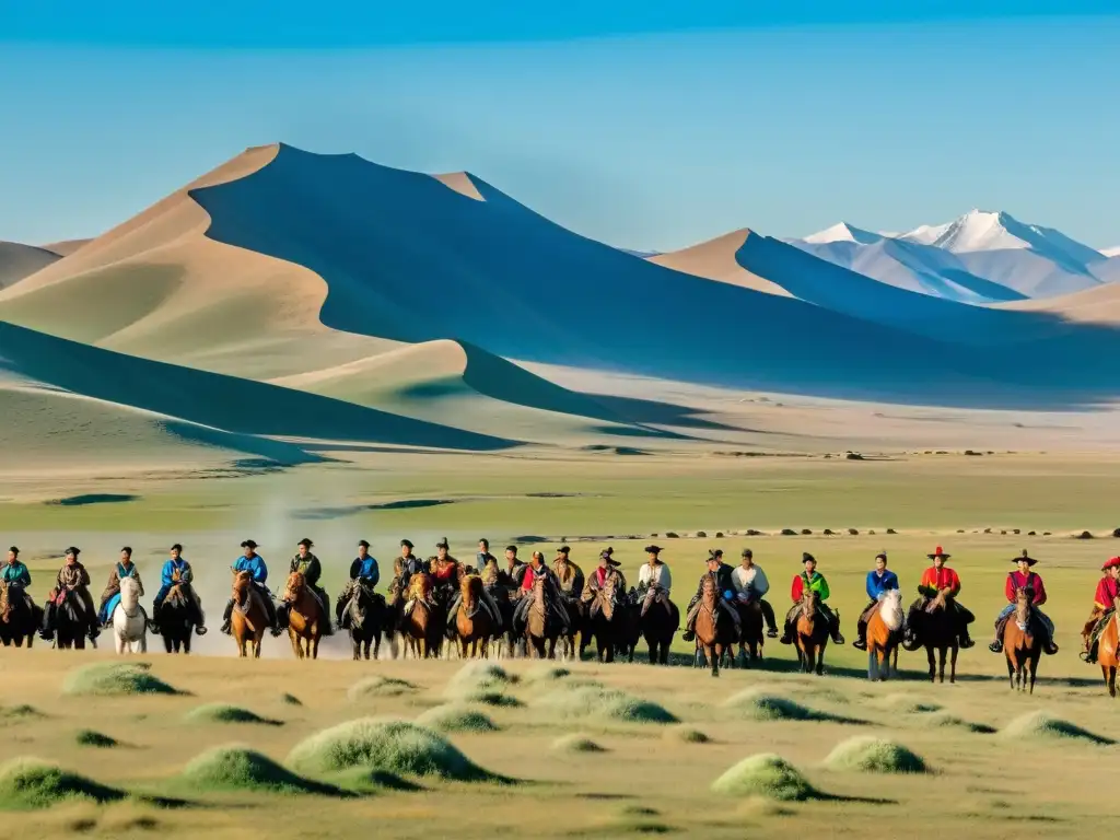 Panorámica del paisaje mongol con jinetes, caballos y estaciones postales a lo lejos