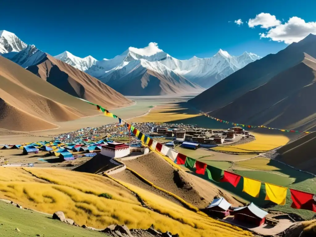 Panorámica del paisaje tibetano con montañas nevadas y vibrantes banderas de oración