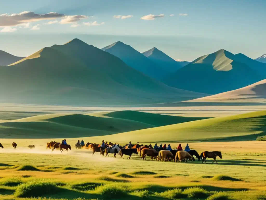 Panorámica de la estepa mongol con pastores nómadas y su ganado, yurtas tradicionales y montañas Altai al fondo